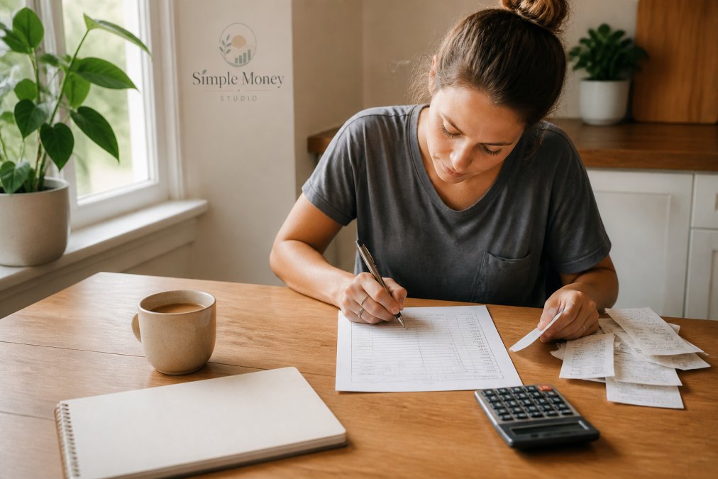 A person sitting at a kitchen table with a printed budget worksheet, a pen, a calculator, and a cup of coffee, writing down recent expenses from a stack of receipts, warm morning light through a window