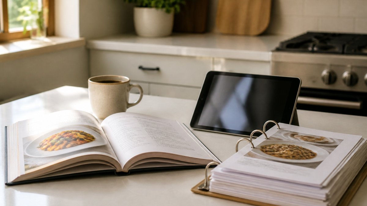 Open printed cookbook and recipe binder pages on a kitchen counter with a tablet and coffee cup in sunlight.