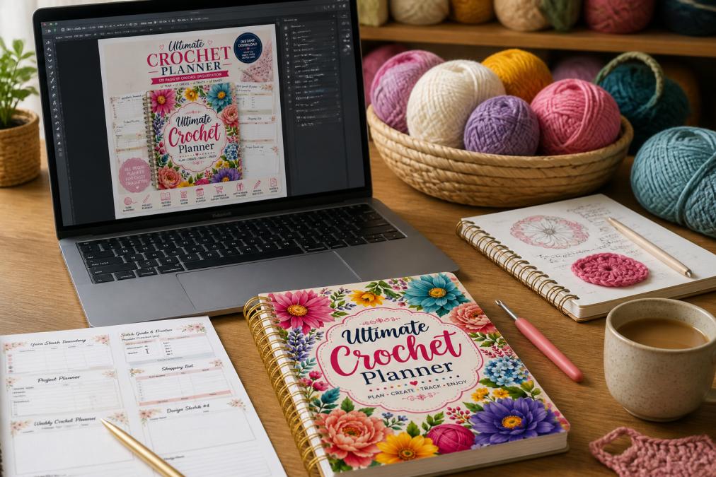 Crafter's workspace with laptop displaying design software open to a pattern template, surrounded by yarn swatches in various colors, a printed pattern draft, crochet hook, notebook with sketches, and a warm cup of coffee on a wooden desk