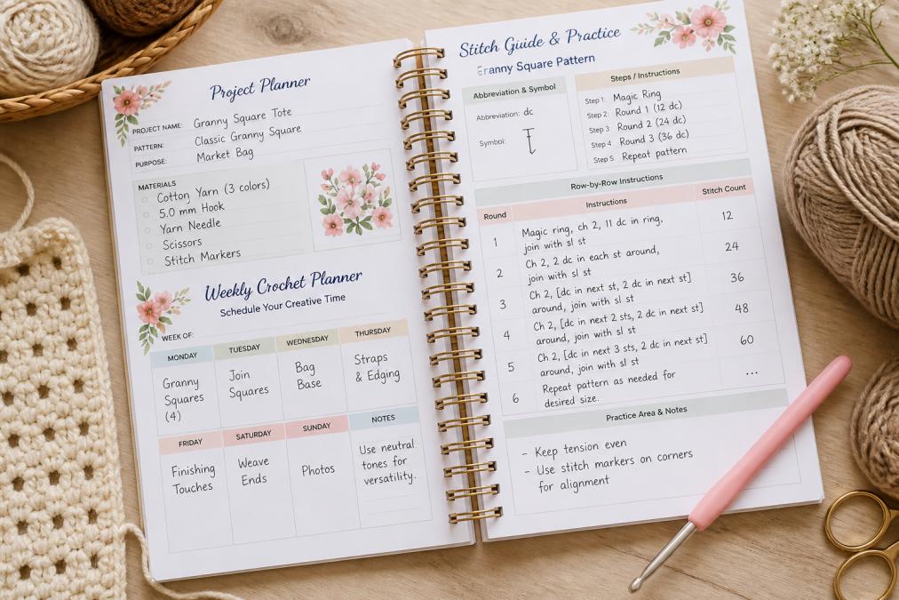 Printed crochet pattern pages laid flat on a work surface with handwritten notes, a crochet hook resting across the pages, yarn in neutral tones nearby, and clear row-by-row instructions visible with numbered rows and stitch counts in parentheses