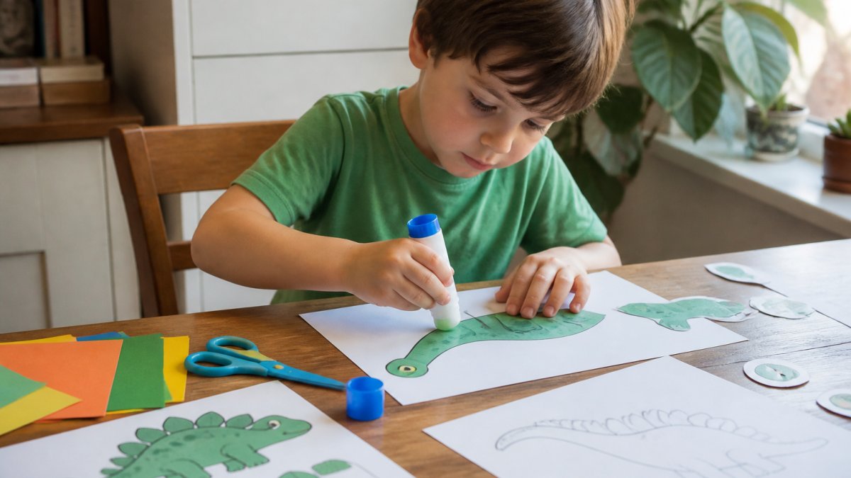 Young child sitting at a wooden table working on a dinosaur craft project, with coloured paper, glue stick, safety scissors and printed dinosaur templates spread across the surface, concentrating intently on assembling pieces