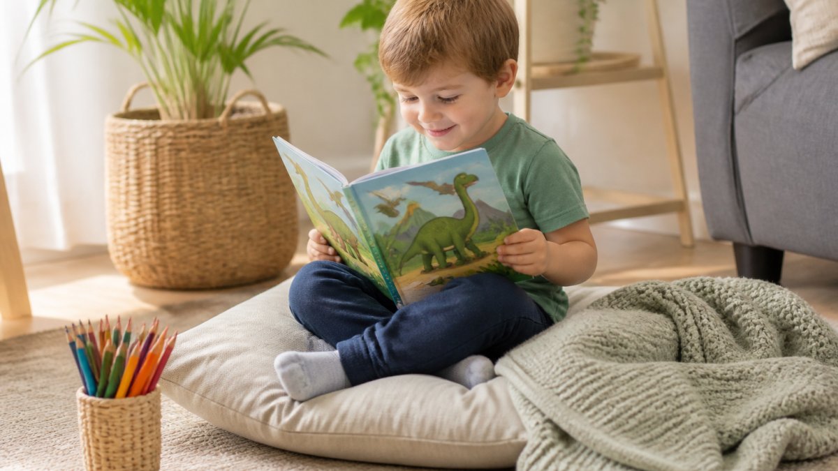 Young child sitting cross-legged on a cushion in a bright, naturally-lit corner of a living room, holding a printed dinosaur storybook with illustrations visible, surrounded by colouring pencils in a cup and a soft throw blanket nearby, with a gentle smile while reading