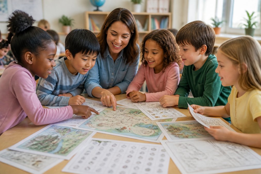 A diverse group of elementary students gathered around a table, excitedly looking at printed adventure maps and activity sheets, with a teacher guiding them in a bright classroom