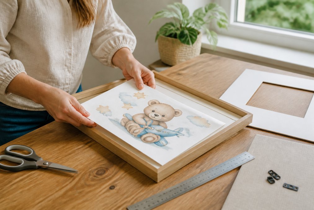 Step-by-step process of framing watercolor printable gift ideas with a mat board, ruler, and wooden frame.