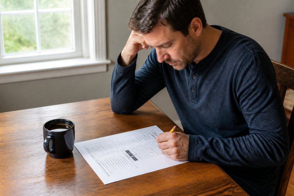 Adult sitting at a wooden table with a printed logic grid puzzle, pencil in hand, concentrating on the clues with a cup of coffee beside the paper and natural window lighting