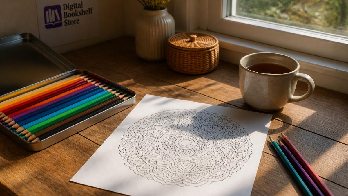 Cozy workspace setup with a mandala coloring page, colored pencils, and tea by a sunny window for a mindful session