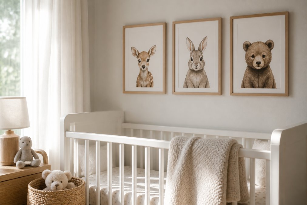 A corner of a bright nursery with three framed animal prints hung above a white crib, a knitted blanket draped over the rail, and soft morning light through sheer curtains