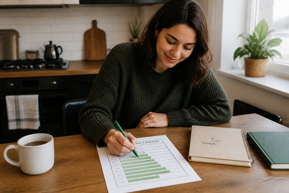 A young adult sitting at a kitchen table with a printed savings tracker sheet, a pen, and a coffee mug, coloring in a progress bar with a satisfied expression