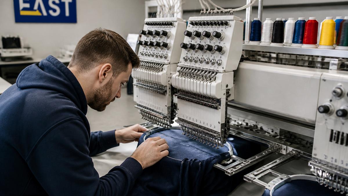 Close-up of a workwear technician operating an embroidery machine stitching a logo onto a navy hoodie in a bright workshop, spools of thread visible in the background