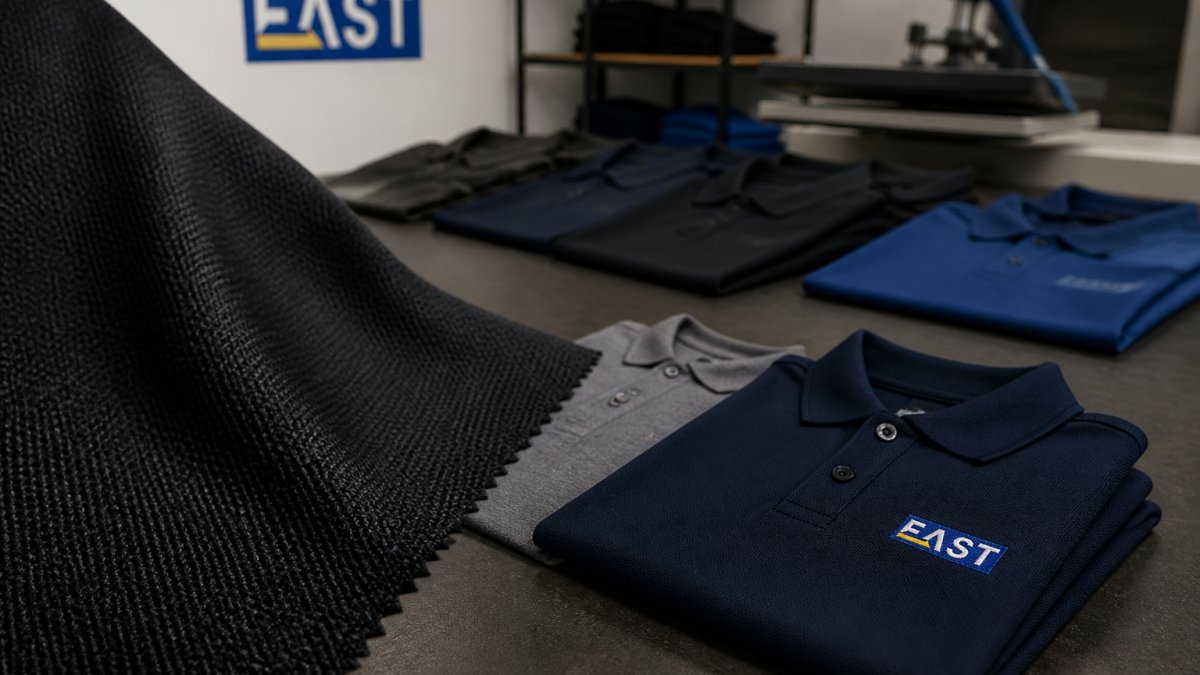 Close-up of high-quality poly-cotton fabric weave texture showing durability, with embroidered and printed polo shirts displayed on a professional workbench with proper lighting
