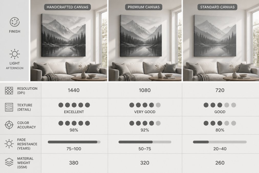 Side-by-side comparison of finished canvas prints displayed on living room wall showing color accuracy, texture detail, and fade resistance in natural afternoon lighting through windows