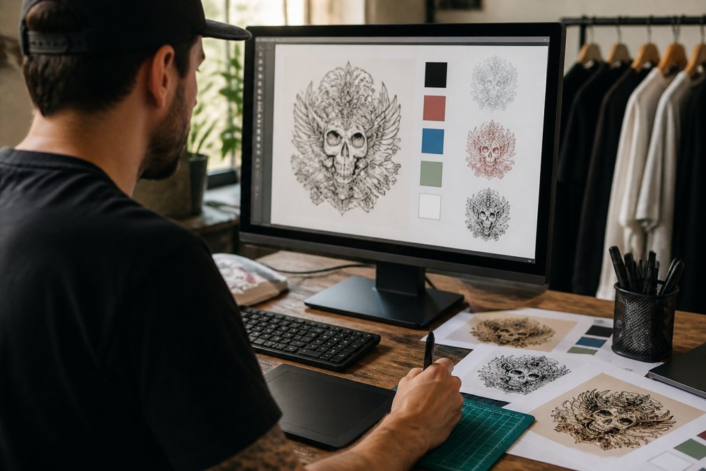 Designer's hands working at a computer displaying a detailed vector graphic file with intricate line work and color separations visible on the monitor, surrounded by design references and a stylus