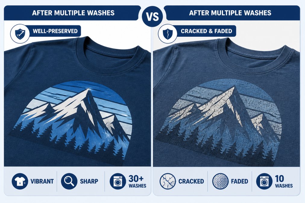 Side-by-side close-up comparison of two custom apparel items on a white surface: one showing a vibrant, well-preserved print with sharp color definition after multiple wash cycles, the other displaying visible cracking patterns and color fading in the printed area