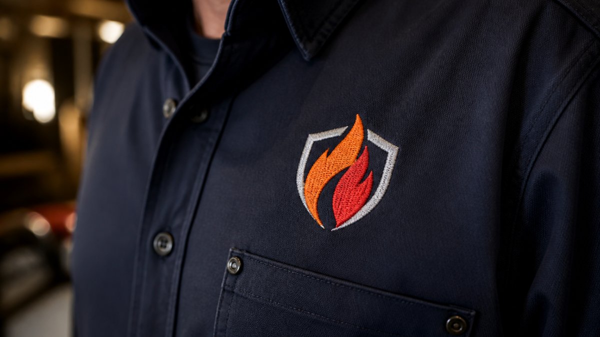Close-up of a flame-resistant work shirt with embroidered company logo on the chest, showing crisp stitching detail and professional finish on dark fabric