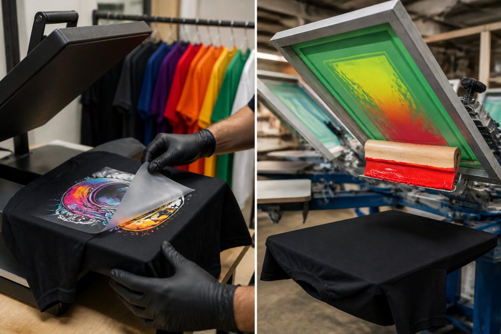 A print shop worker in gloves peeling a freshly pressed DTF transfer off a black t-shirt on a heat press, with a rack of colorful multi-color shirts blurred in the background