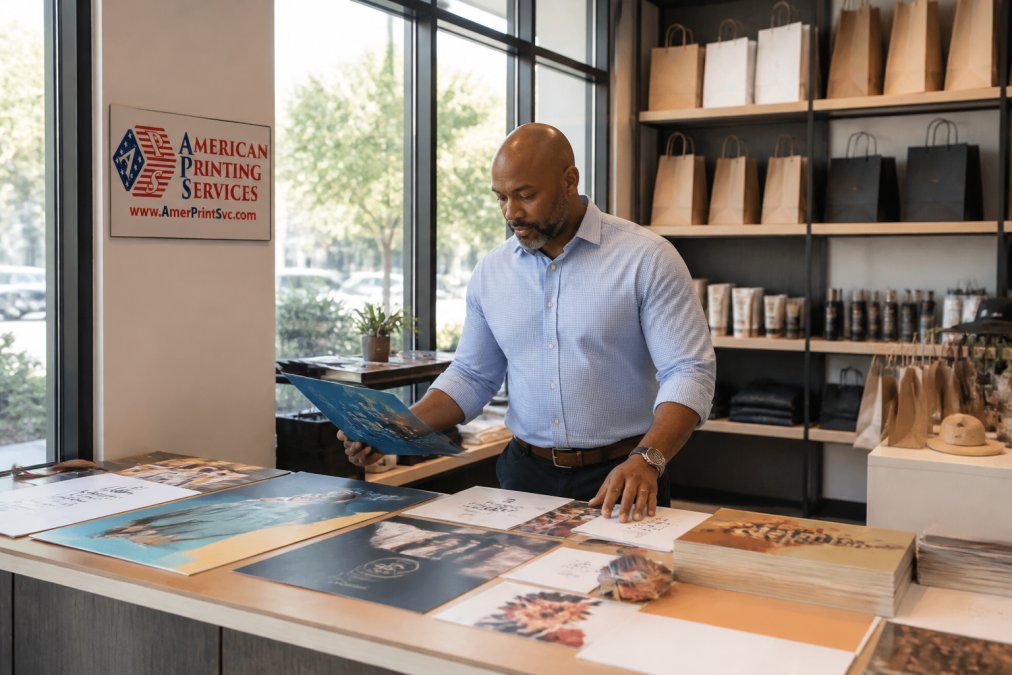 Operations manager at retail location reviewing branded materials and signage across multiple display areas, natural lighting from storefront windows, samples spread on counter
