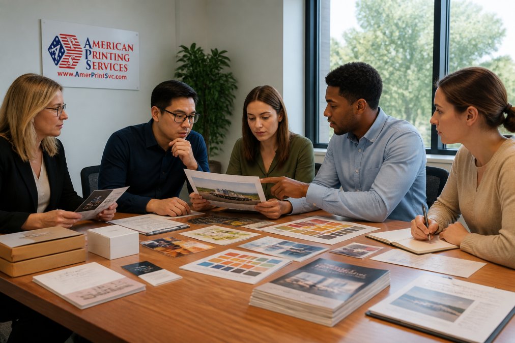 Procurement team in conference room comparing printing samples and reviewing delivery logistics documentation, natural office lighting, materials spread across table