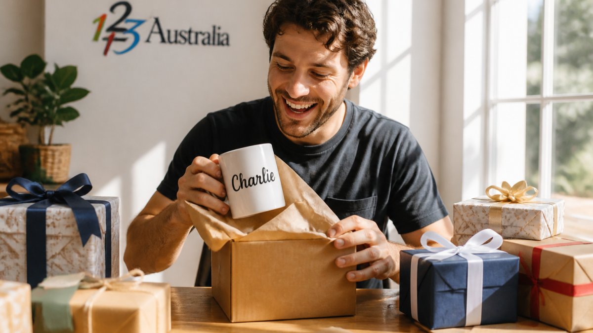 Person unwrapping a personalised novelty gift box with genuine delight, holding a custom-printed mug with their name, surrounded by wrapped presents on a bright wooden table with natural morning light streaming across
