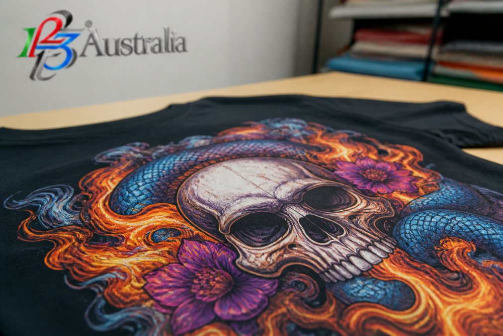 Close-up of vibrant, professionally printed custom t-shirt showing sharp colour depth and crisp print detail on premium fabric with natural studio lighting
