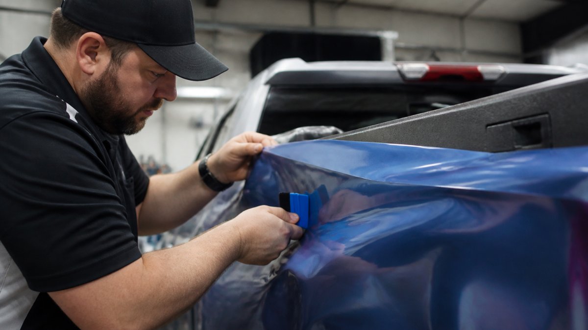 Professional demonstrating careful application of vinyl decal to truck bed using squeegee, showing proper technique with steady hand pressure and surface contact