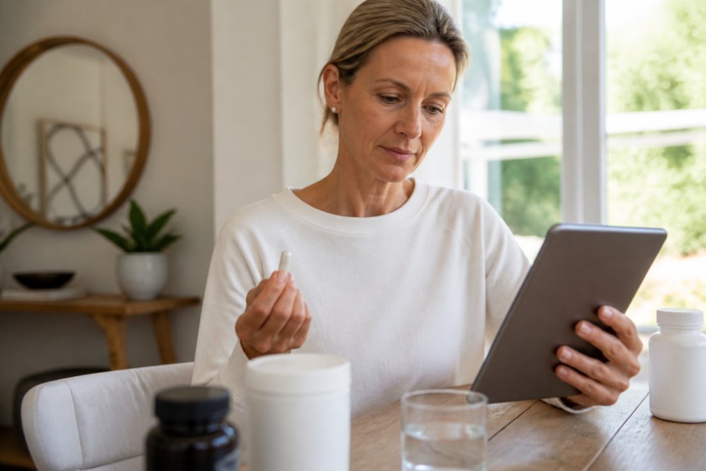 Health-conscious adult in their 40s at home, holding premium supplement capsules whilst reviewing detailed product information on a tablet, with natural morning light streaming through the window