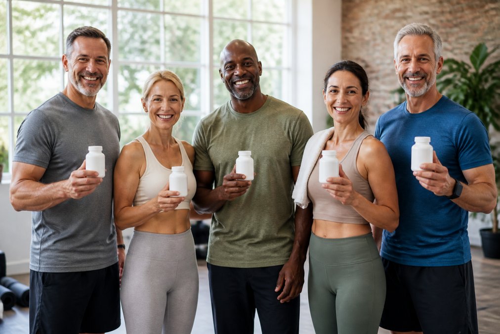 Diverse group of adults aged 35-55 in a bright, modern wellness space, smiling whilst holding Supplements Sanctuary product bottles, appearing confident and visibly healthy, with natural daylight illuminating the scene