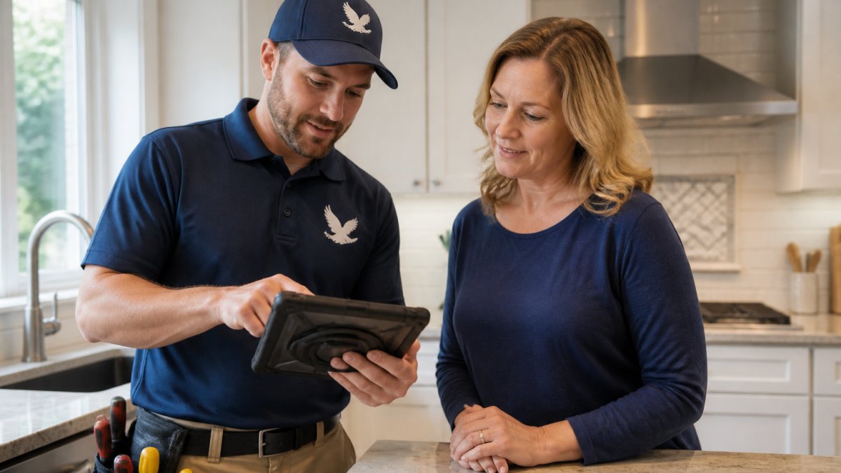 Professional uniformed technician reviewing digital service report on tablet with homeowner in residential kitchen, showing flat-rate pricing documentation and clear communication about labor rates