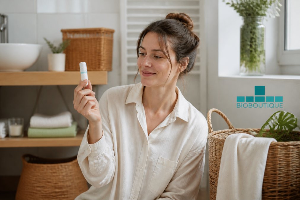 Žena držící v ruce bio menstruační tampon v papírovém obalu, v pozadí světlá koupelna s přírodními doplňky a ratanovým košem