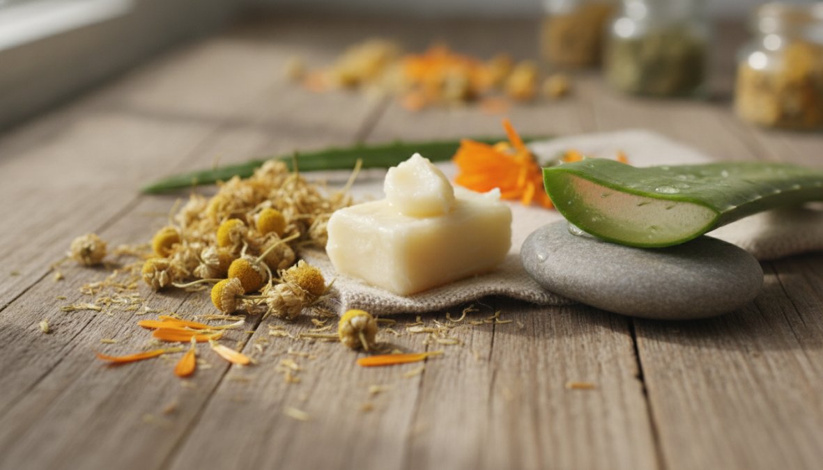 Přírodní ingredience pro péči o dětskou pokožku - bambucké máslo v skleničce, čerstvé květy měsíčku a heřmánku na dřevěné desce s měkkým přirozeným osvětlením