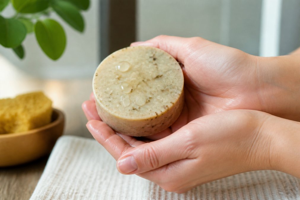 Blízký záběr na ruce držící tuhý šampon s viditelnými přírodními ingrediencemi, kapky vody na produktu, přirozené osvětlení zdůrazňující strukturu produktu