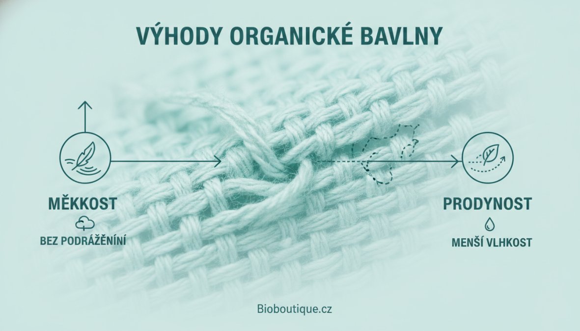 Detailní záběr přírodní organické bavlny s viditelným tkaním a přírodními vlákny, zdůrazňující měkkost a prodyšnost materiálu