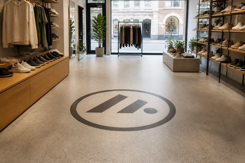 Bright retail store interior with a large custom-printed vinyl floor featuring a brand logo in the center, modern shelving and natural light through the windows