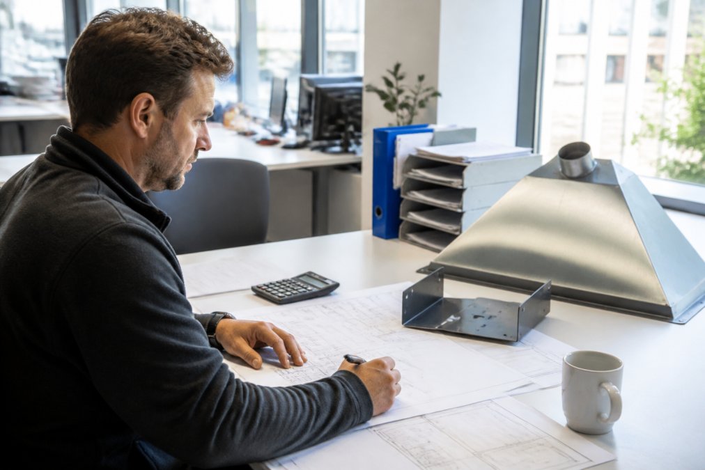 Håndverker eller prosjektleder ved en datamaskin som foretar en bestilling av metallbeslag gjennom et digitalt system, med tegninger eller målinger synlig på skjermen, i et moderne kontor med naturlig lys