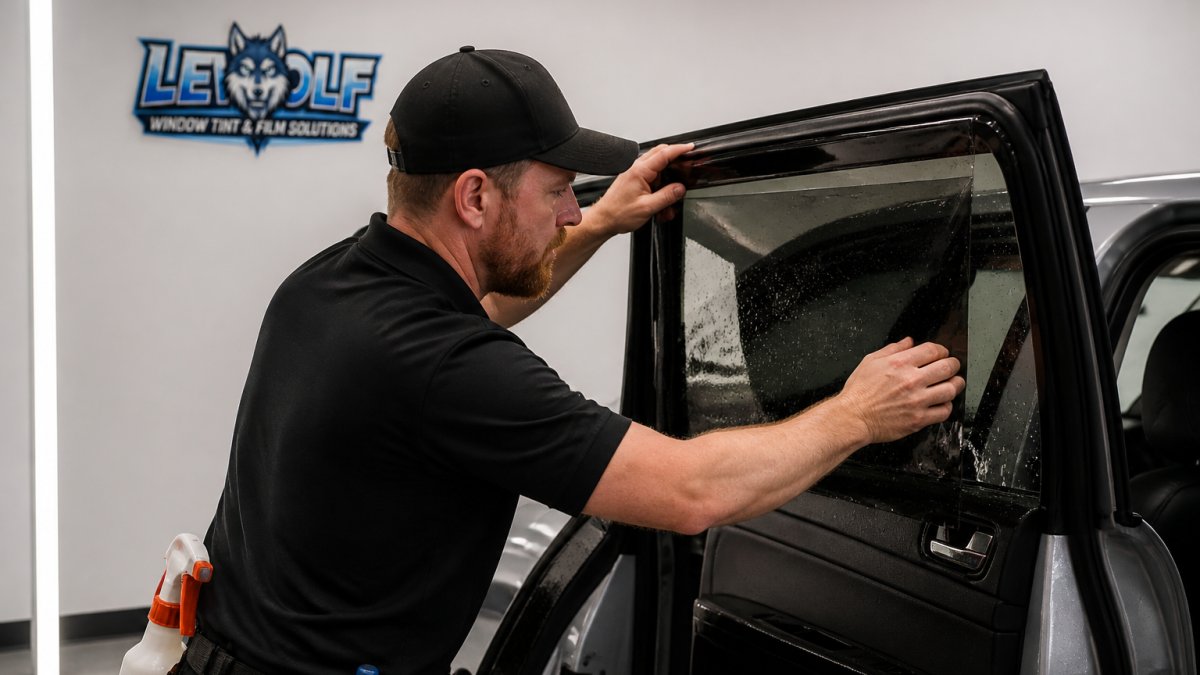 Professional technician carefully applying precision-cut window film to vehicle glass, showing clean edges and meticulous technique during installation in well-lit service bay