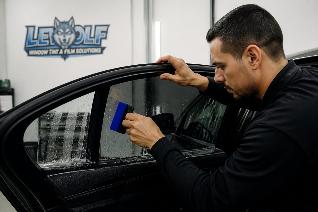 Infographic process showing a technician applying pristine film solutions to a car window with a squeegee