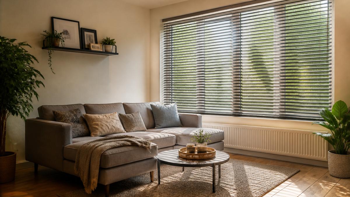 Bright modern living room with venetian blinds partially tilted to filter soft natural light, showing balanced illumination across furniture and wooden flooring with afternoon sunlight streaming through the window