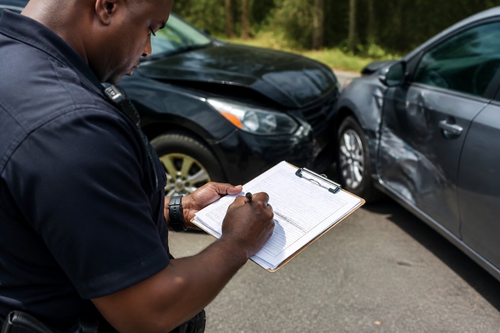 Close-up of a police officer filling out an accident report form at the scene of a vehicle collision, with damaged cars visible in the background