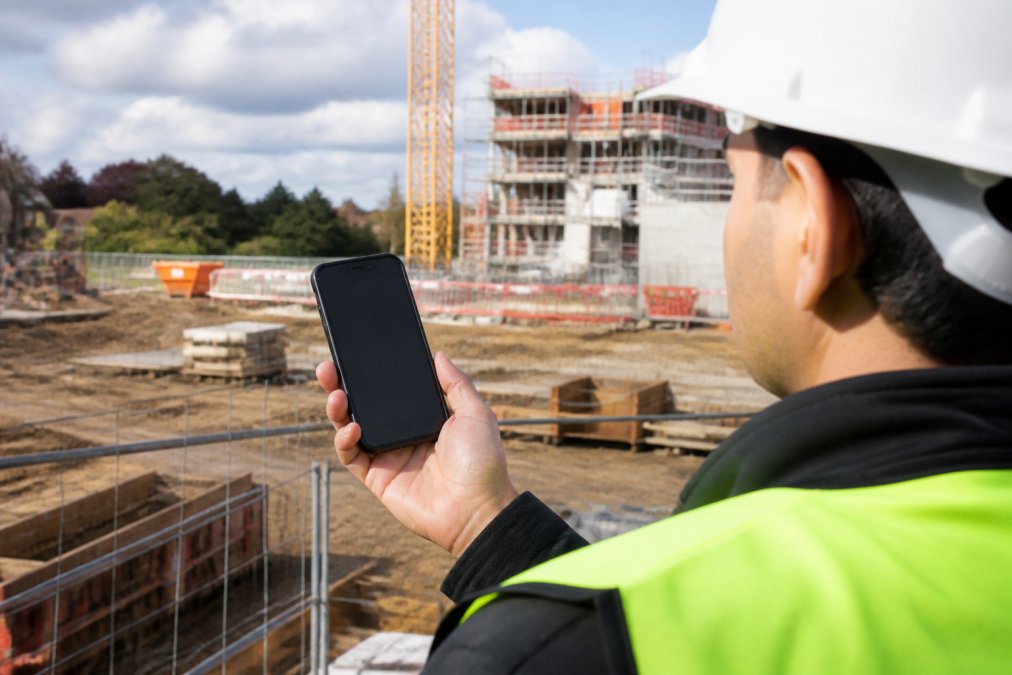 Field worker using a mobile device with a privacy control switchable GPS interface at a construction site