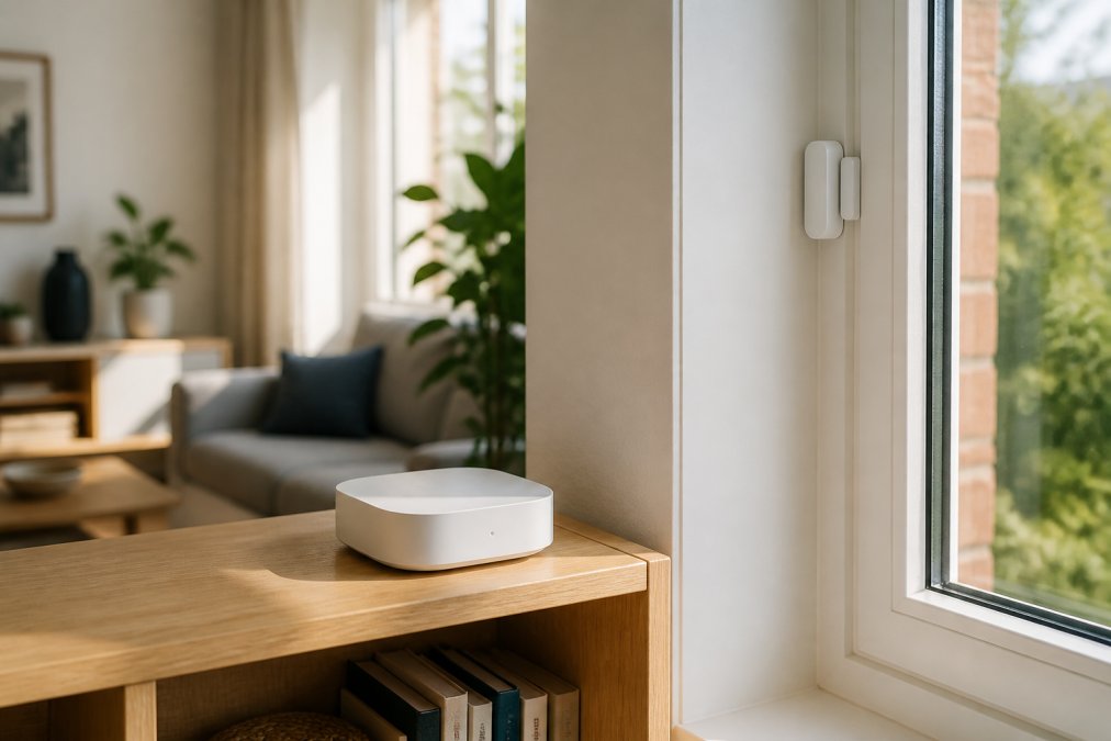 A modern UK living room with a compact white smart home hub sitting on a wooden shelf, and a small white sensor attached to the window frame, natural daylight streaming through the glass