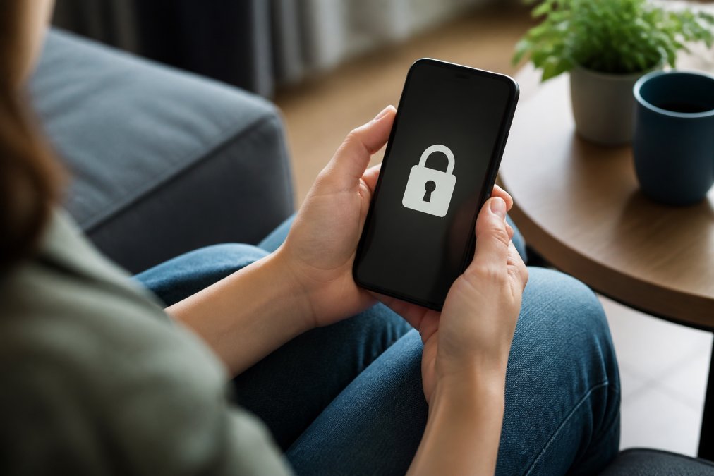 Primo piano di uno smartphone che mostra un'app di telemedicina con un lucchetto di sicurezza visibile sullo schermo, mani che tengono il dispositivo