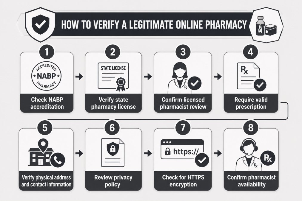 Flowchart showing verification steps: Check NABP accreditation → Verify state pharmacy license → Confirm licensed pharmacist review → Require valid prescription → Verify physical address and contact information → Review privacy policy → Check for HTTPS encryption → Confirm pharmacist availability