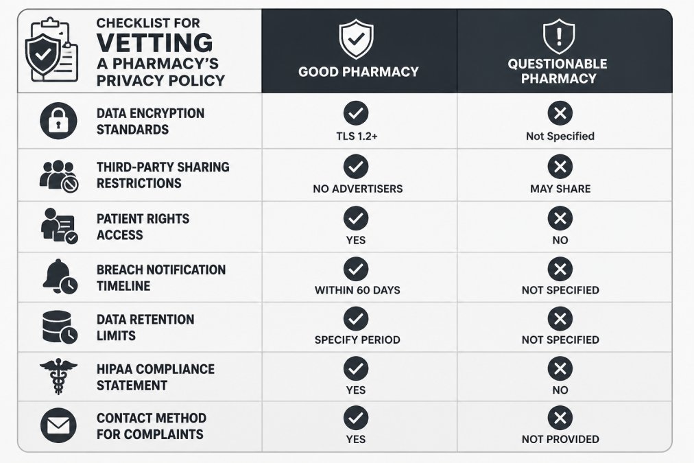 Feature comparison matrix showing privacy policy requirements: data encryption standards (TLS 1.2+), third-party sharing restrictions (no advertisers), patient rights access (yes/no), breach notification timeline (within 60 days), data retention limits (specify period), HIPAA compliance statement, contact method for complaints