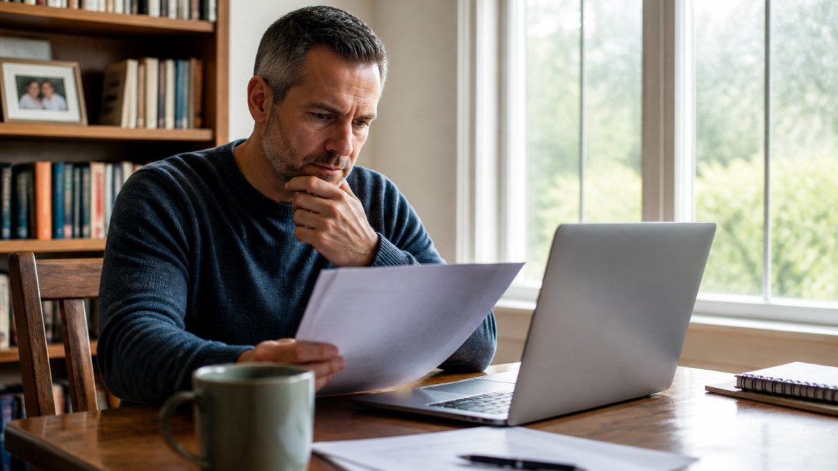 Person sitting at home desk reviewing privacy settings and personal data removal progress on laptop screen, natural window lighting