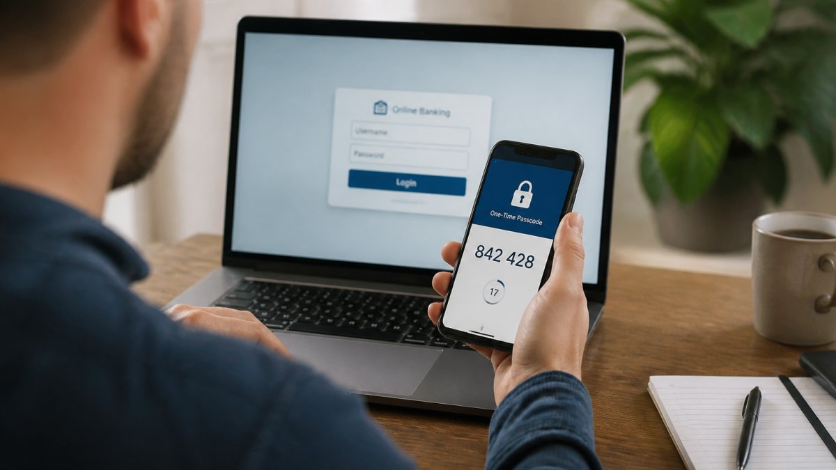 Diagram showing multi-factor authentication steps using privacy tools for banking users on a smartphone and laptop.