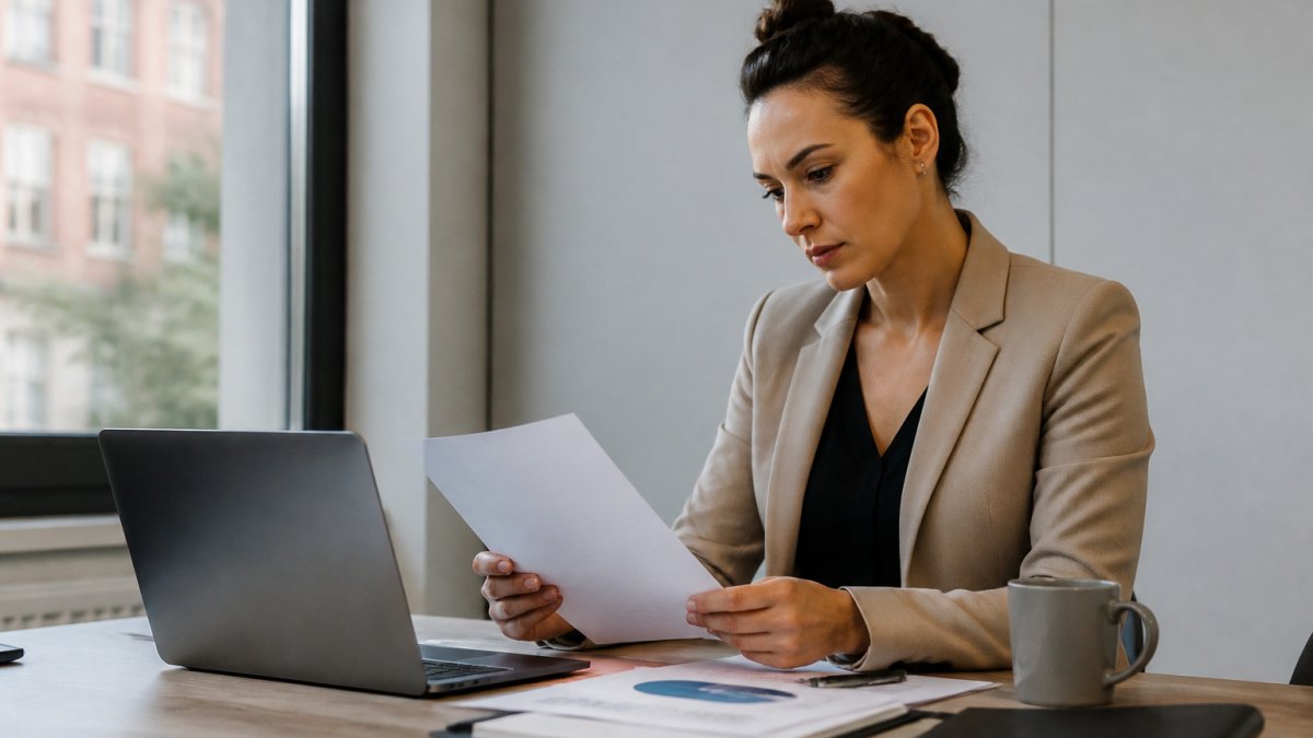 Professional sitting at desk reviewing mortgage documents on secure laptop portal with encrypted connection indicator visible on screen