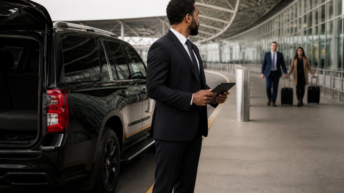 A professional chauffeur in a dark suit standing beside a black SUV at an airport curbside, holding a tablet and looking toward arriving passengers, with terminal signage visible in the background
