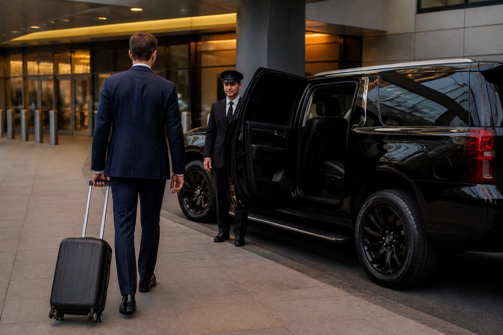 A well-dressed business traveler in a navy suit rolling a carry-on suitcase toward a sleek black SUV parked at a curbside pickup zone, a uniformed driver standing by the open rear passenger door under warm terminal lighting