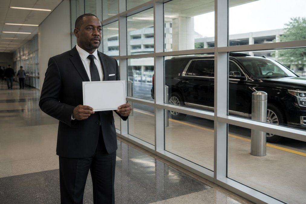 A professional driver in a dark suit holding a discreet printed name placard inside a modern airport terminal, a luxury black SUV visible through floor-to-ceiling windows behind him, soft overhead terminal lighting
