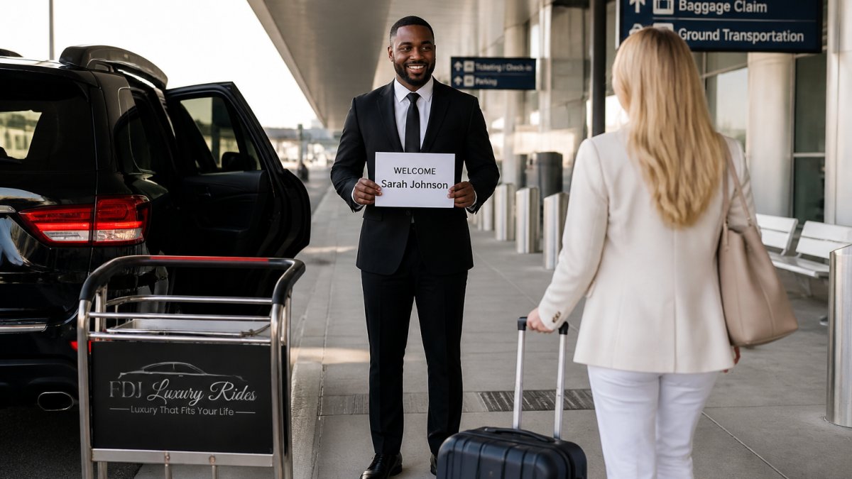 Chauffeur in a business suit greeting a passenger for private airport transport with a name placard at arrivals