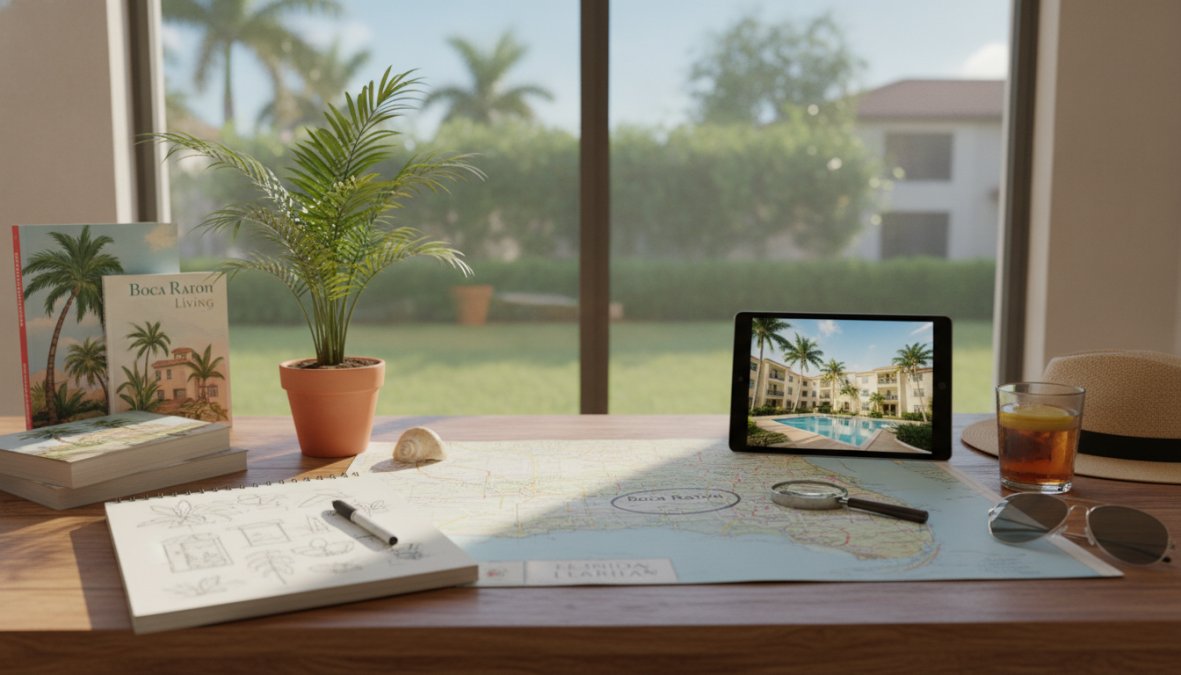 Sun-lit garden-style apartment community in Boca Raton with lush tropical landscaping, a resort-style pool visible in the background, and a resident relaxing in a lounge chair on a warm Florida afternoon